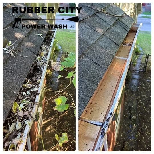 Professional gutter cleaning before and after by Rubber City Power Wash in Akron Ohio